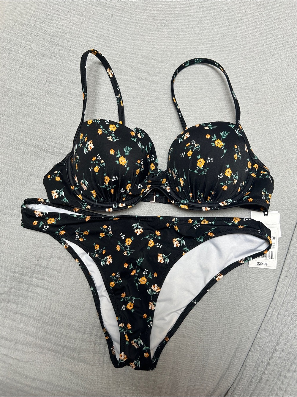 Shade & Shore Black Bikini Set with Yellow Floral Print 34B Top & Small Bottom